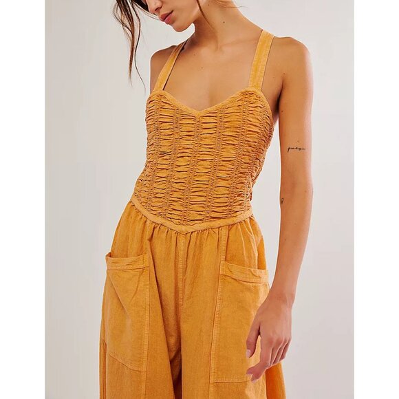 Free People forever and always Yellow Melo Pearl jumpsuit size xl - Picture 3 of 14
